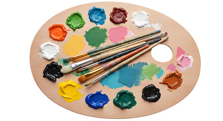 Obraz premium An artists wooden palette with a variety of colorful paints and brushes, isolated on white background