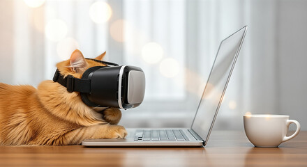 Fluffy cat in vr headset sits at a modern desk, exploring the world of vibe coding, and enjoying virtual reality. Adorable tabby immerses itself in ai programming,