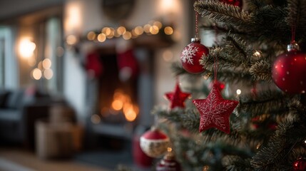 Christmas tree with Christmas balls and red stars in a house with a blurred fireplace in the background