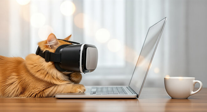 Fluffy cat in vr headset sits at a modern desk, exploring the world of vibe coding, and enjoying virtual reality. Adorable tabby immerses itself in ai programming,