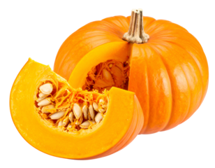 Vibrant orange pumpkin sliced open, revealing its seeds and rich, textured flesh, perfect for autumn decorations.