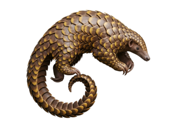 Detailed close-up of a scaly anteater, showcasing its intricate armored plating in warm brown and gold tones against a stark black background.