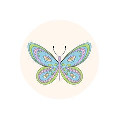 Groovy colorful butterfly in retro circle badge sticker. Funky cute sticker forms a playful y2k label, with icon style as a fun groovy element or lid accent.