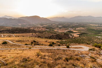 Sunset aerial view of landscape near Argos on Peloponnese peninsula, Greece
