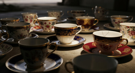 Detailed Still Life of Antique Tea Cups and Saucers with Intricate Designs and Cracked Surfaces Arranged on a Textured Surface Evoking a Sense of History and Decay