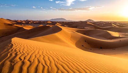 Wide scenic shot of a vast desert landscape bathed in the warm glow of sunrise, with rolling sand dunes and distant mountains