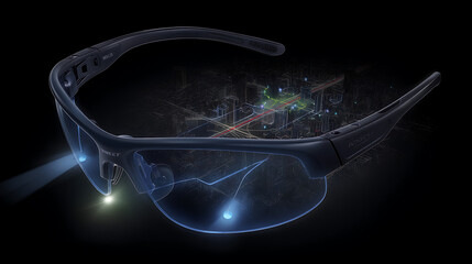 Augmented reality glasses displaying digital interface with holographic elements
