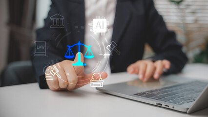 Artificial intelligence in legal technology, showing lawyer using AI-based justice system. Concept...