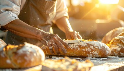 Baker Slicing Crusty Artisan Bread Outdoors in Warm Golden Light