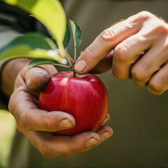 Farmer Holding Fresh Red Apple During Harvest