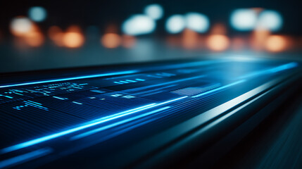 Abstract digital data stream with glowing blue lines and code on a futuristic interface