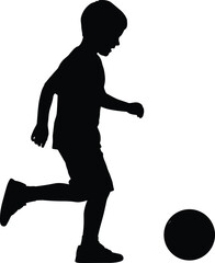 Child playing with ball silhouette illustration, dynamic motion pose in outdoor activity scene, vector minimal black figure, childhood sports and recreation concept
