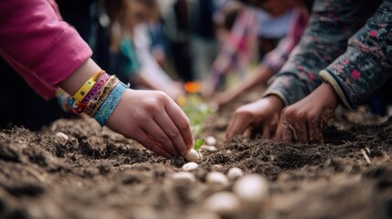 Focused hands carefully planting seeds in soil during an interactive spring gardening session with outoffocus attendees working around.