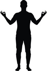 Meditation silhouette illustration, person standing with arms raised in yoga hand gesture, vector minimal black figure, mindfulness and inner peace wellness scene