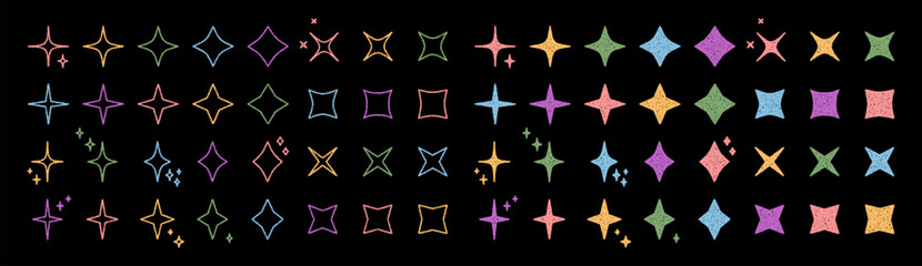 Obraz premium Festive chalk firework star burst set in graphic outline forms on black. Magic sparkle symbol collection for party decor. Playful burst and star shape design brighten any black background.