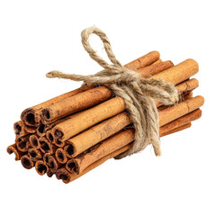 A bundle of cinnamon sticks tied with twine, isolated on a transparent background. background removed