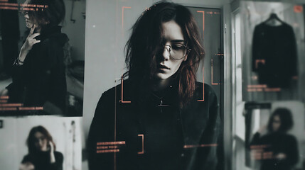 A person with glasses stands in a dimly lit room with digital overlays and reflections, suggesting surveillance or augmented reality technology.