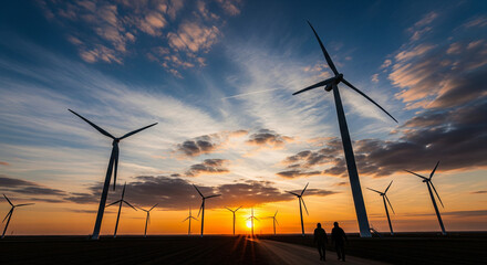 Obraz premium A powerful landscape shot of wind turbines at sunset, with silhouetted figures highlighting scale and progress.