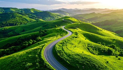 Winding asphalt road snakes through vibrant, rolling green hills under a soft, glowing sunset. Lush vegetation covers the terrain, evoking a sense of freedom