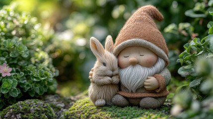 A tranquil fantasy scene of a cute garden gnome gently hugging a small bunny, nestled amidst lush greenery and moss.  A sense of calm and nature.