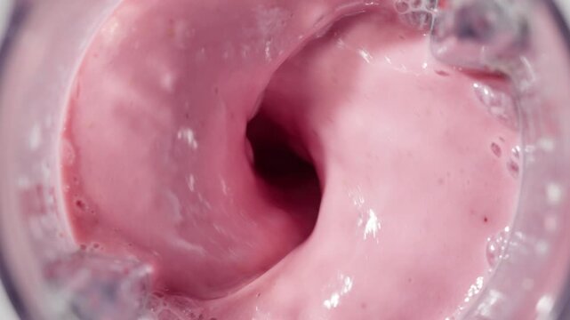 Strawberry and banana pink milkshake blended in blender with splashes. top view. slow motion. Healthy protein smoothie drink concept , food closeup. Protein powder falling in smoothie from spoon