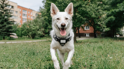 joyful dog playing in residential neighborhood wearing gps collar