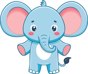 Fototapeta premium Cute baby elephant cartoon illustration, kawaii style vector with big ears and blush cheeks, adorable animal character for kids, nursery decoration, children book, sticker, mascot, toy, educational