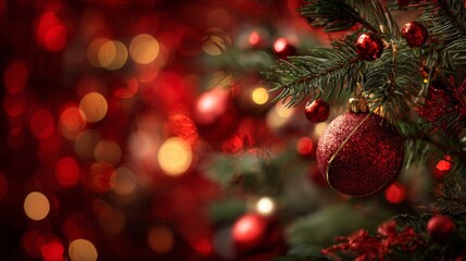 Obraz premium Red Christmas ball hanging on a Christmas tree on a red background with bokeh lights