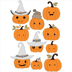 Cute Pumpkin Characters with Witch Hats. Adorable Halloween Jack-o'-Lantern Illustrations, Perfect for Kids' Projects and Party Decor.