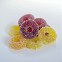 Colorful candy gummies: sweets, sugar, treats, and more in vibrant dessert rings