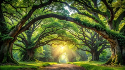 Naklejka premium A serene forest landscape with a massive tree stretching towards the open sky, its branches forming a natural archway amidst lush greenery and vibrant foliage , archway, head in sky
