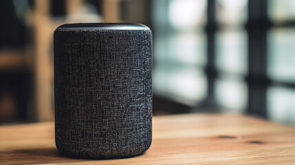 Black cylindrical smart speaker on wooden surface with blurred background