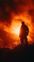 Obraz premium Silhouette of a person on a grassy hill against a vibrant orange and red dramatic sky