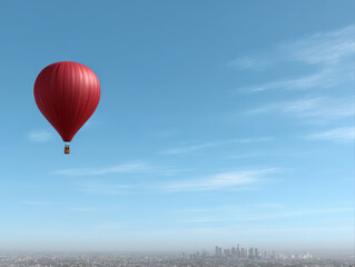 Obraz premium A red hot air balloon floating above a modern city skyline before a clear sky