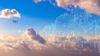 Drone flying in sky with digital cloud formed by binary code, symbolizing data and technology integration
