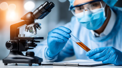 Scientist examining liquid sample under microscope in laboratory setting