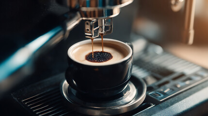 Espresso being extracted into a cup from a coffee machine