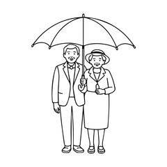 Charming older couple sheltering under an umbrella, a timeless symbol of love, companionship and enduring commitment, perfect for heartwarming designs