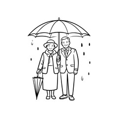 Charming line art drawing of a senior couple sheltering under an umbrella in the rain, perfect for heartwarming family themes and nostalgic designs