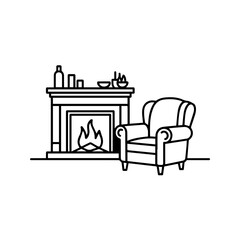 Charming fireplace with cozy armchair illustration offers warmth and comfort, perfect for creating inviting home decor or holiday designs with a minimalist aesthetic