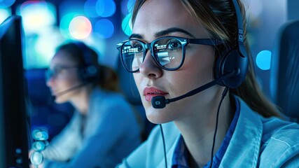 Focused Support: A focused professional, adorned with a headset and spectacles, embodies the essence of dedicated customer support in a modern digital office.  - Powered by Adobe