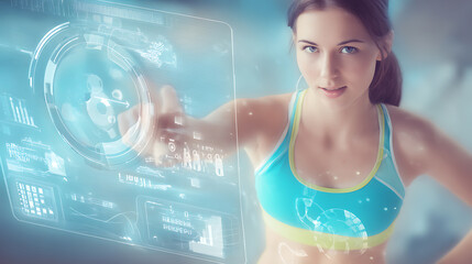 Woman interacting with futuristic digital interface in fitness attire