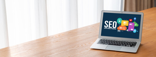 SEO search engine optimization for modish e-commerce and online retail business showing on computer...