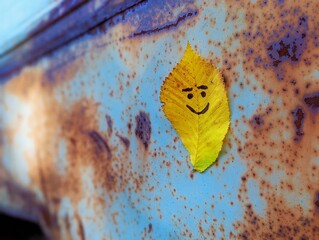 Yellow autumn leaf with hand drawn smiling face on rusty metal background with paint