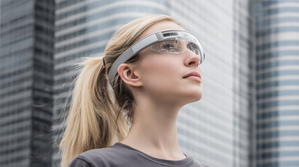 Woman wearing futuristic smart glasses outdoors in an urban setting