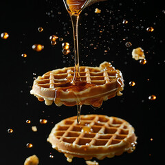 Mouthwatering waffles drizzled with syrup in a sweet, sticky, and delicious breakfast display.