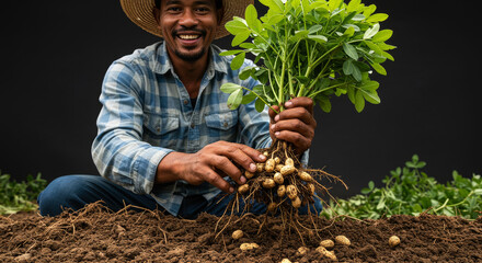 Farmer pulling fresh peanuts with roots from the ground