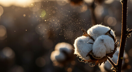 Cotton boll with fibers glowing in sunlight, fluffy fibers in golden light