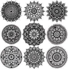 Set of 8 abstract geometric black fill illustrations, triangle, hexagon, spiral, wave pattern, cube, star, polygon mesh, and circle with cutouts. All filled with pure black, clean vector shapes,