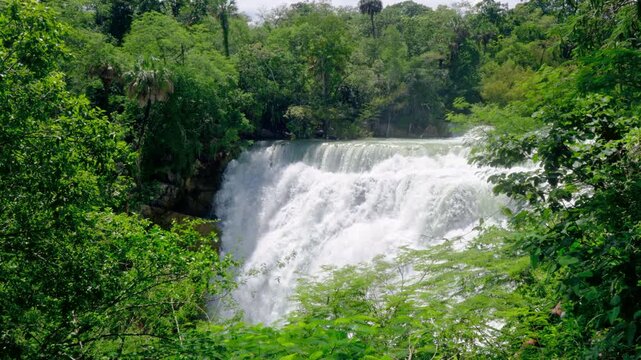 El Meco waterfalls north of the town of El Naranjo in La Huasteca, San Luis Potosi, Mexico. El Meco cascade is at the end of the three mile stretch of rapids.